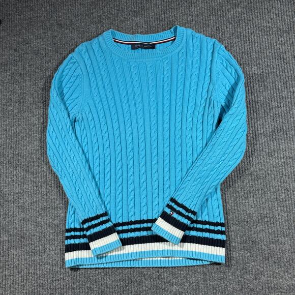 Tommy Hilfiger Cable Knit Sweater Womens S Blue Grandma Sweater Retro Y2K 17x24 - Picture 1 of 5